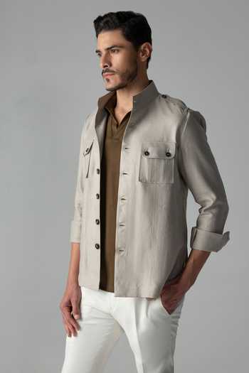 Amit Arora Beige Linen Mandarin Collar Shacket Online at Aza Fashions Amit Arora_Beige Linen Mandarin Collar Shacket _Online_at_Aza_Fashions