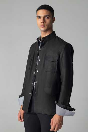 Amit Arora Black Linen Mandarin Collar Shacket Online at Aza Fashions Amit Arora_Black Linen Mandarin Collar Shacket _Online_at_Aza_Fashions
