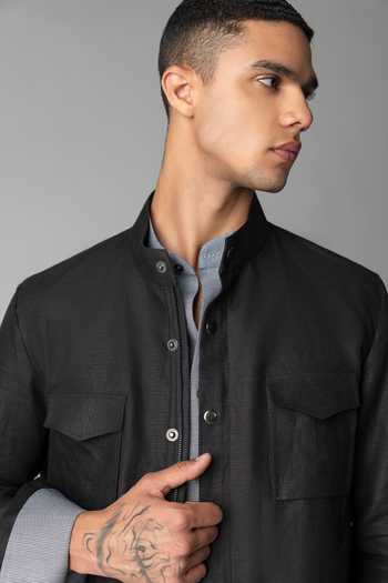 Shop Amit Arora Black Linen Mandarin Collar Shacket Online at Aza Fashions Shop_Amit Arora_Black Linen Mandarin Collar Shacket _Online_at_Aza_Fashions