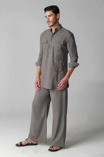 Amit Arora_Grey Crepe Plain Kurta And Palazzo Set _Online_at_Aza_Fashions