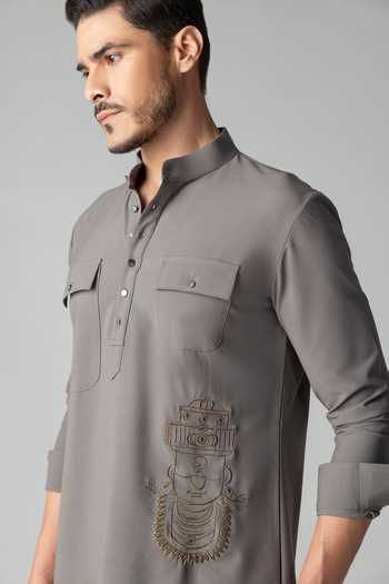 Buy_Amit Arora_Grey Crepe Plain Kurta And Palazzo Set _Online_at_Aza_Fashions