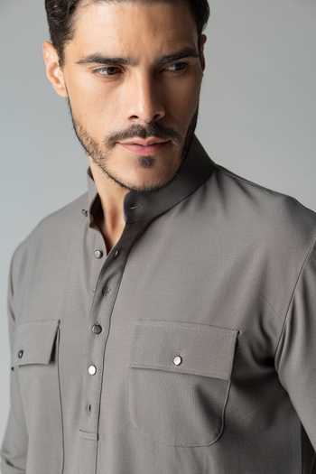 Shop_Amit Arora_Grey Crepe Plain Kurta And Palazzo Set _Online_at_Aza_Fashions
