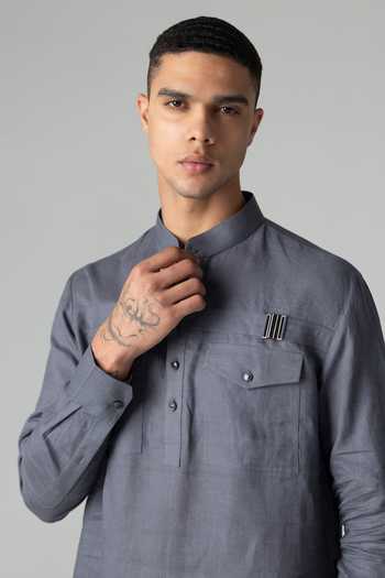 Amit Arora_Grey Linen Kurta And Palazzo Set _at_Aza_Fashions