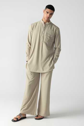 Amit Arora_Beige Linen Placed Embroidered Kurta And Palazzo Set _Online_at_Aza_Fashions