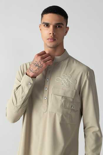 Buy_Amit Arora_Beige Linen Placed Embroidered Kurta And Palazzo Set _Online_at_Aza_Fashions