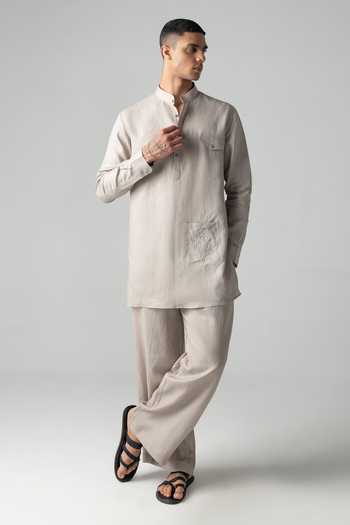 Shop_Amit Arora_Beige Linen Placed Embroidered Kurta And Palazzo Set _Online_at_Aza_Fashions