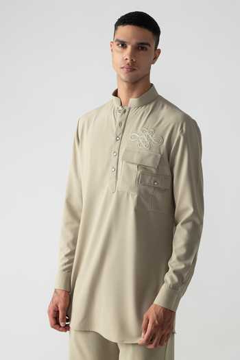Amit Arora Placed Embroidered Linen Kurta & Palazzo Set 