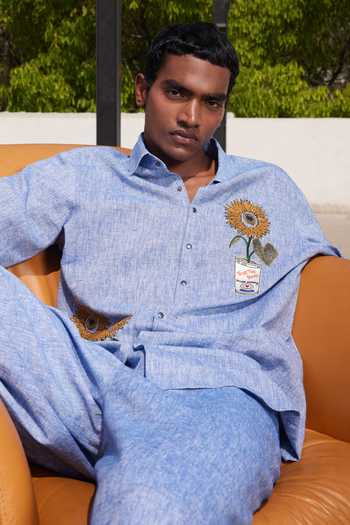 Shahin Mannan Blue Pop Can And Flowers Chambray Shirt Online at Aza Fashions Shahin Mannan_Blue Pop Can And Flowers Chambray Shirt _Online_at_Aza_Fashions