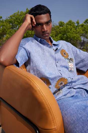 Buy Shahin Mannan Blue Pop Can And Flowers Chambray Shirt Online at Aza Fashions Buy_Shahin Mannan_Blue Pop Can And Flowers Chambray Shirt _Online_at_Aza_Fashions