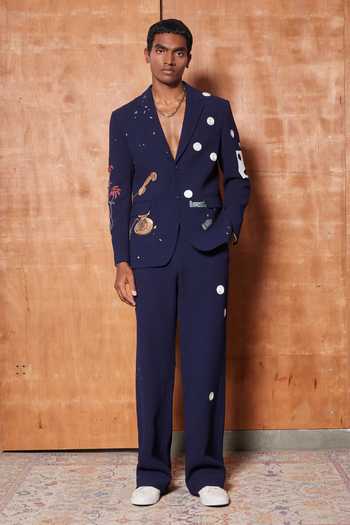 Shop Shahin Mannan Navy Suiting Heart Telephone And Text Blazer Pant Set Online at Aza Fashions Shop_Shahin Mannan_Navy Suiting Heart Telephone And Text Blazer Pant Set _Online_at_Aza_Fashions