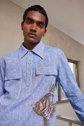 Buy_Shahin Mannan_Blue Big Fish Shirt With Barmuda Shorts _Online_at_Aza_Fashions