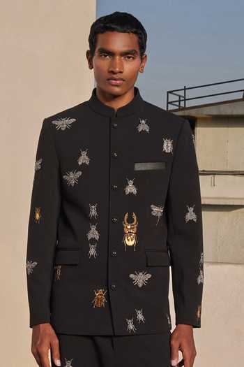 Shahin Mannan Black Crepe Embroidery, Zari Insect Bandhgala And Pant Set Online at Aza Fashions Shahin Mannan_Black Crepe Embroidery, Zari Insect Bandhgala And Pant Set _Online_at_Aza_Fashions