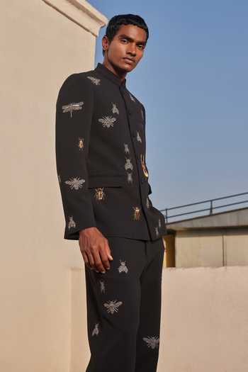 Shop Shahin Mannan Black Crepe Embroidery, Zari Insect Bandhgala And Pant Set Online at Aza Fashions Shop_Shahin Mannan_Black Crepe Embroidery, Zari Insect Bandhgala And Pant Set _Online_at_Aza_Fashions