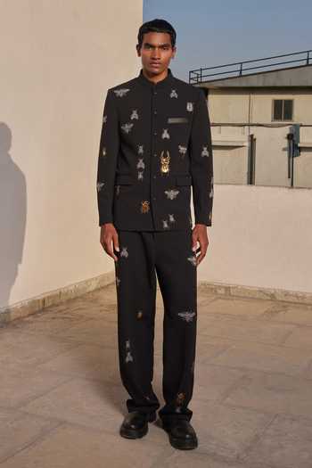 Shahin Mannan_Black Crepe Embroidery Scuba Insect Bandhgala Jacket _Online_at_Aza_Fashions