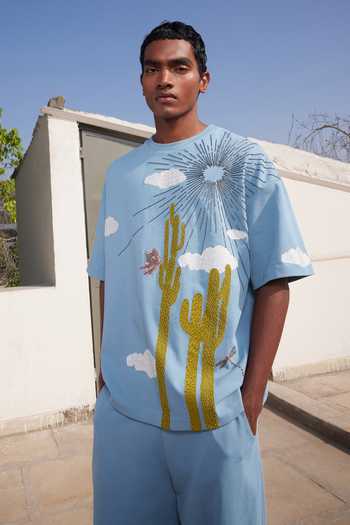 Buy_Shahin Mannan_Blue Cotton, Jersey Cactus Boxy T-shirt With Baggy Pant _Online_at_Aza_Fashions