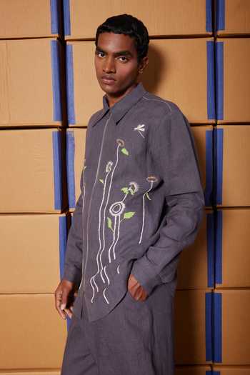 Buy_Shahin Mannan_Charcoal Linen Gentle Garden Full Sleeve Shirt _Online_at_Aza_Fashions