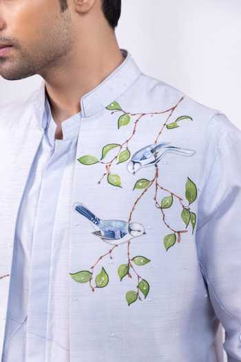 Shop Smriti By Anju Agarwal Blue Silk Bluebird Tale Nehru Jacket Online at Aza Fashions Shop_Smriti By Anju Agarwal_Blue Silk Bluebird Tale Nehru Jacket _Online_at_Aza_Fashions