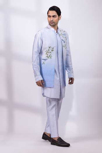 Smriti By Anju Agarwal Blue Silk Bluebird Tale Nehru Jacket at Aza Fashions Smriti By Anju Agarwal_Blue Silk Bluebird Tale Nehru Jacket _at_Aza_Fashions