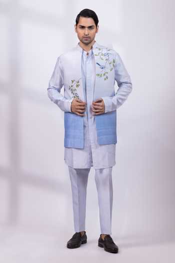 Smriti By Anju Agarwal Azure Bluebird Silk Kurta Set with Nehru Jacket 