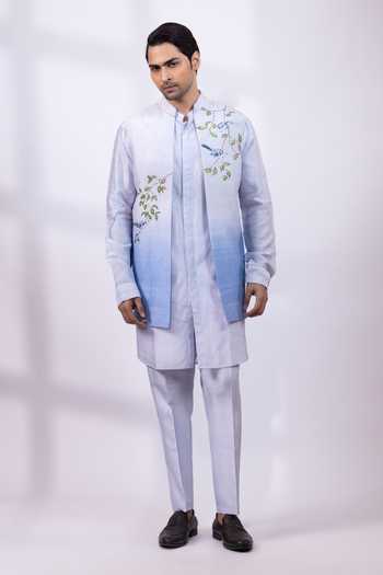 Shop Smriti By Anju Agarwal Blue Silk Azure Bluebird Kurta Set With Nehru Jacket Online at Aza Fashions Shop_Smriti By Anju Agarwal_Blue Silk Azure Bluebird Kurta Set With Nehru Jacket _Online_at_Aza_Fashions