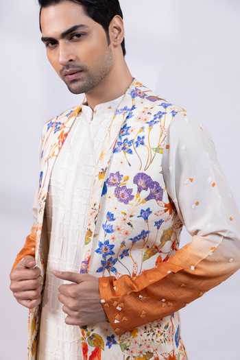 Smriti By Anju Agarwal Ivory Silk Bloom Ridge Floral Print Nehru Jacket Online at Aza Fashions Smriti By Anju Agarwal_Ivory Silk Bloom Ridge Floral Print Nehru Jacket _Online_at_Aza_Fashions