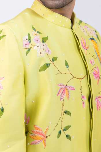 Shop Smriti By Anju Agarwal Green Chanderi Silk The Aviary Bandhgala And Pant Set Online at Aza Fashions Shop_Smriti By Anju Agarwal_Green Chanderi Silk The Aviary Bandhgala And Pant Set _Online_at_Aza_Fashions