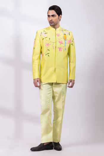 Smriti By Anju Agarwal Green Chanderi Silk The Aviary Bandhgala And Pant Set at Aza Fashions Smriti By Anju Agarwal_Green Chanderi Silk The Aviary Bandhgala And Pant Set _at_Aza_Fashions
