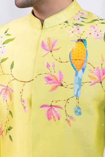 Buy Smriti By Anju Agarwal Green Chanderi Silk The Aviary Bandhgala And Pant Set Buy_Smriti By Anju Agarwal_Green Chanderi Silk The Aviary Bandhgala And Pant Set