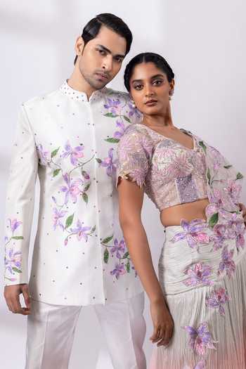 Smriti By Anju Agarwal Grey Silk Hand Painted Petalscape Bandhgala And Pant Set Online at Aza Fashions Smriti By Anju Agarwal_Grey Silk Hand Painted Petalscape Bandhgala And Pant Set _Online_at_Aza_Fashions