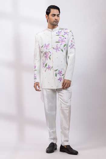Smriti By Anju Agarwal Painted Petalscape Silk Bandhgala & Pant Set
