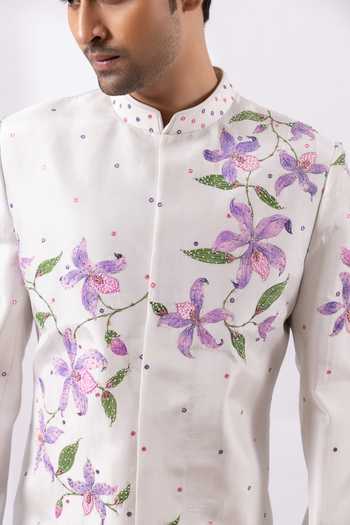 Smriti By Anju Agarwal Grey Silk Hand Painted Petalscape Bandhgala And Pant Set at Aza Fashions Smriti By Anju Agarwal_Grey Silk Hand Painted Petalscape Bandhgala And Pant Set _at_Aza_Fashions