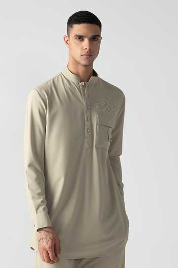 Amit Arora_Beige Crepe Placed Embroidered Kurta And Palazzo Set _Online_at_Aza_Fashions