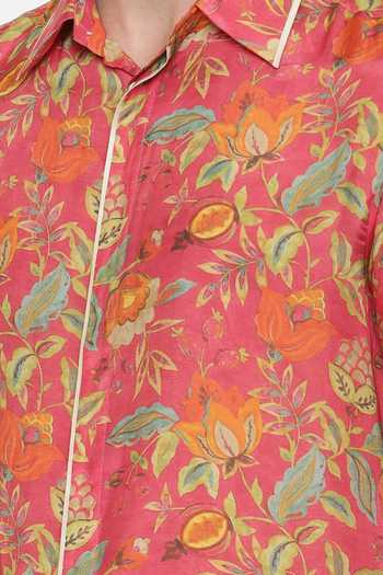 Mayank Modi - Men_Pink Muslin Floral Print Shirt For Kids_Online_at_Aza_Fashions
