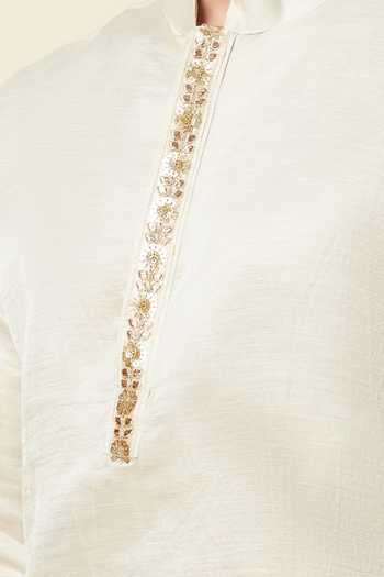 SPRING BREAK_Beige Linen, Satin Embroidery Kurta For Kids_Online_at_Aza_Fashions