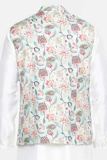 Mayank Modi - Men Floral Print Silk Bundi For Kids