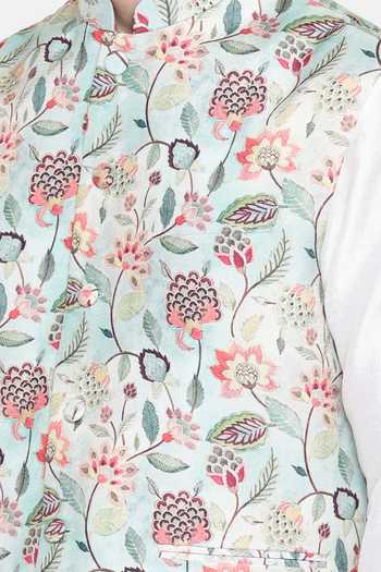 Mayank Modi - Men_Green Silk, Muslin Floral Print Bundi For Kids_Online_at_Aza_Fashions