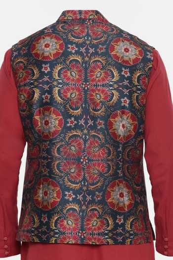 Mayank Modi - Men Floral Print Silk Bundi For Kids