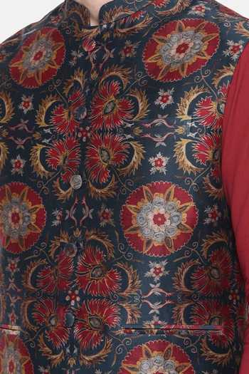 Mayank Modi - Men_Red Silk, Chanderi Embroidery Floral Print Bundi For Kids_Online_at_Aza_Fashions