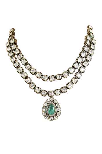 Buy_Auraa Trends_Green Kundan Double Layer Necklace Set _Online_at_Aza_Fashions