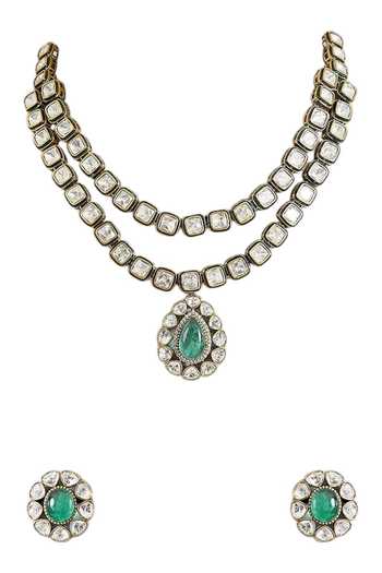 Shop_Auraa Trends_Green Kundan Double Layer Necklace Set _Online_at_Aza_Fashions