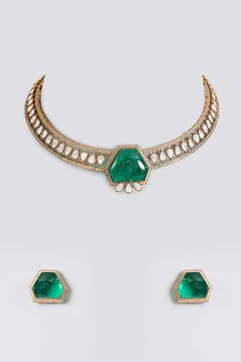 Auraa Trends_Gold Plated Stone Embellished Choker Set _at_Aza_Fashions