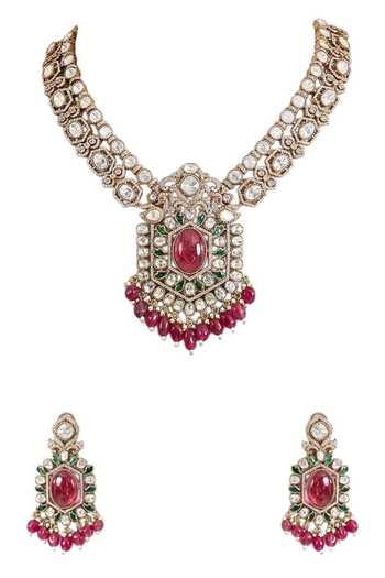 Shop Auraa Trends Pink Kundan Embellished Necklace Set Online at Aza Fashions Shop_Auraa Trends_Pink Kundan Embellished Necklace Set _Online_at_Aza_Fashions