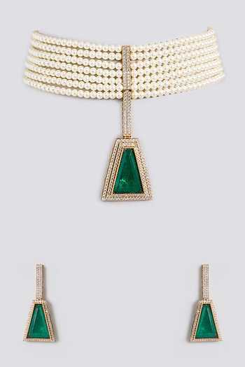 Auraa Trends Green Pearl Choker Necklace Set at Aza Fashions Auraa Trends_Green Pearl Choker Necklace Set _at_Aza_Fashions