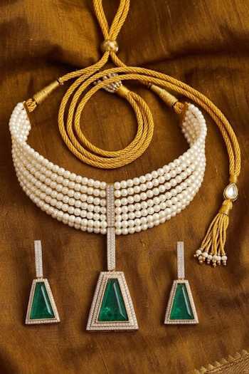 Shop Auraa Trends Green Pearl Choker Necklace Set at Aza Fashions Shop_Auraa Trends_Green Pearl Choker Necklace Set _at_Aza_Fashions