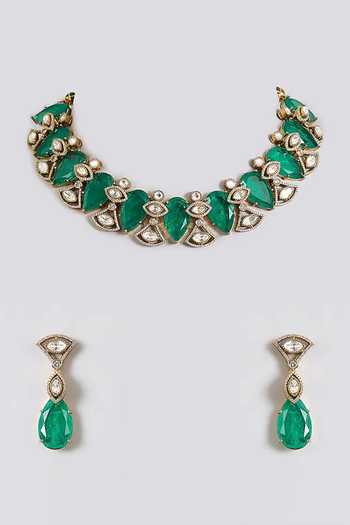 Shop_Auraa Trends_Emerald Green Statement Necklace Set _Online_at_Aza_Fashions