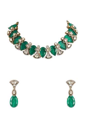 Auraa Trends_Emerald Green Statement Necklace Set _at_Aza_Fashions