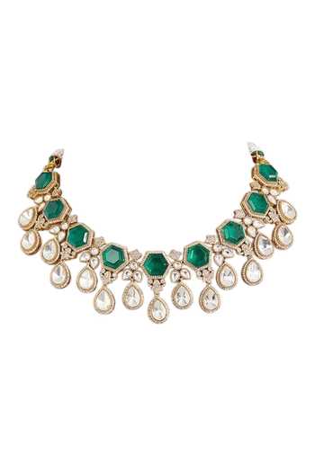 Buy_Auraa Trends_Green Emerald Hexagon Stone Necklace Set _Online_at_Aza_Fashions