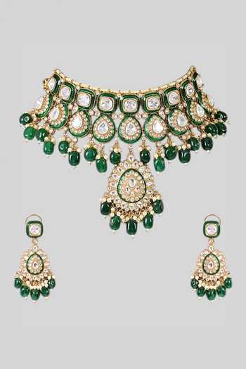 Auraa Trends_Green Kundan Choker Necklace Set _at_Aza_Fashions