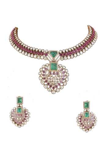 Auraa Trends Pink Kundan Polki Choker Necklace Set Online at Aza Fashions Auraa Trends_Pink Kundan Polki Choker Necklace Set _Online_at_Aza_Fashions