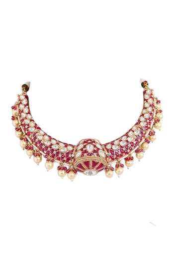 Buy_Auraa Trends_Pink Ruby Kundan Polki Choker Necklace Set _Online_at_Aza_Fashions